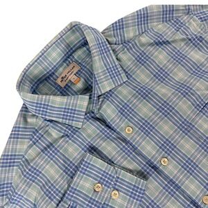 Peter Millar Button Down Shirt Mens L Blue Green Plaid Long Sleeve Performance